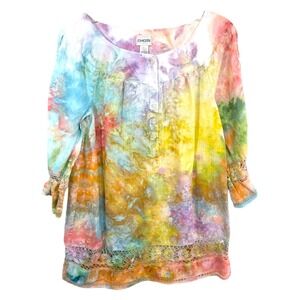 Chicos Small Top Handmade Tie Dye Linen Crochet Blouse‎ Multicolor Tunic 703